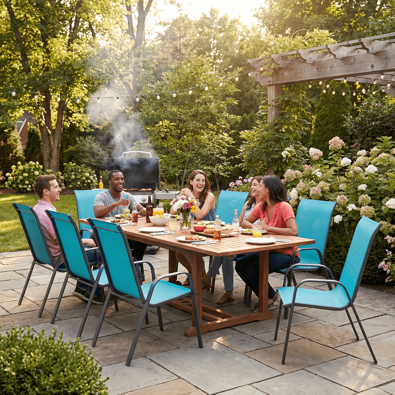 8/6pcs Patio Chairs, All Weather Textilene Fabric & Metal Frame, W/Armrests, Strenthened Iron Spacers, 330 LBS, Outdoor Chairs Set For Backyard, Poolside, Garden