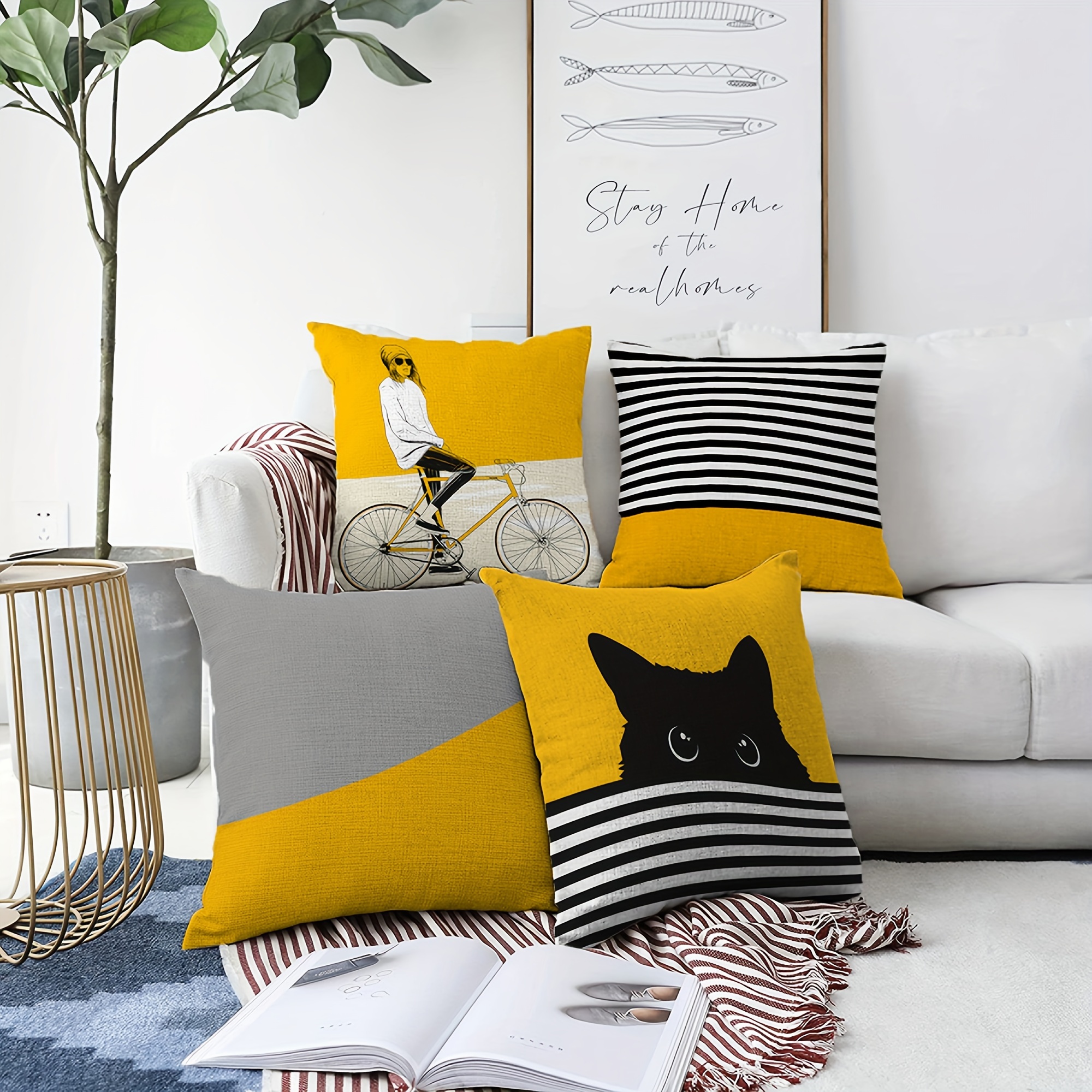 

4pcs Chic Cat & Girl Fashion Throw Pillow Covers - Yellow/black, Polyester, No Insert Needed - Perfect For Sofa, Bed, Car, And Home Decor