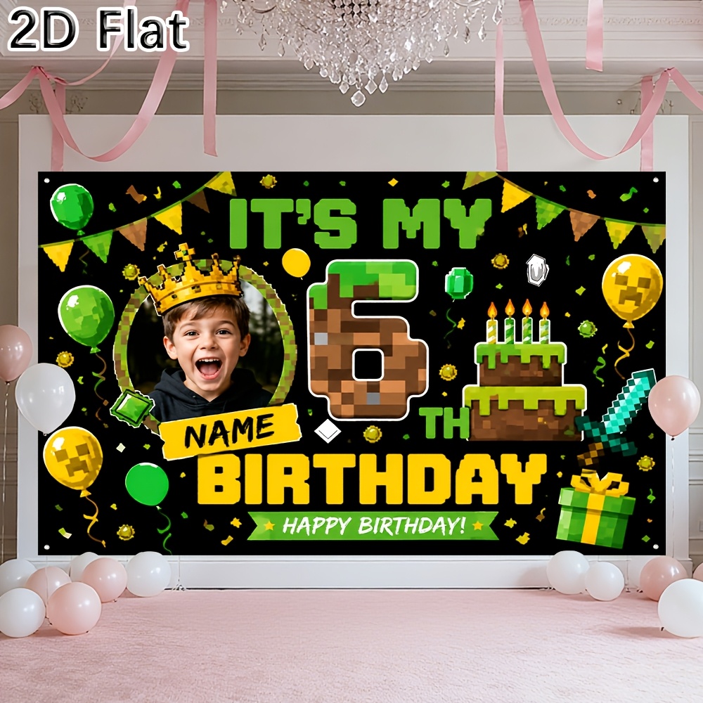 TEMU 2d Flat - 2d Flat 1pc Birthday Party Background Banner, Customizable Name And , Printed Pixel Themed Backdrop For Birthday Party Indoor Outdoor