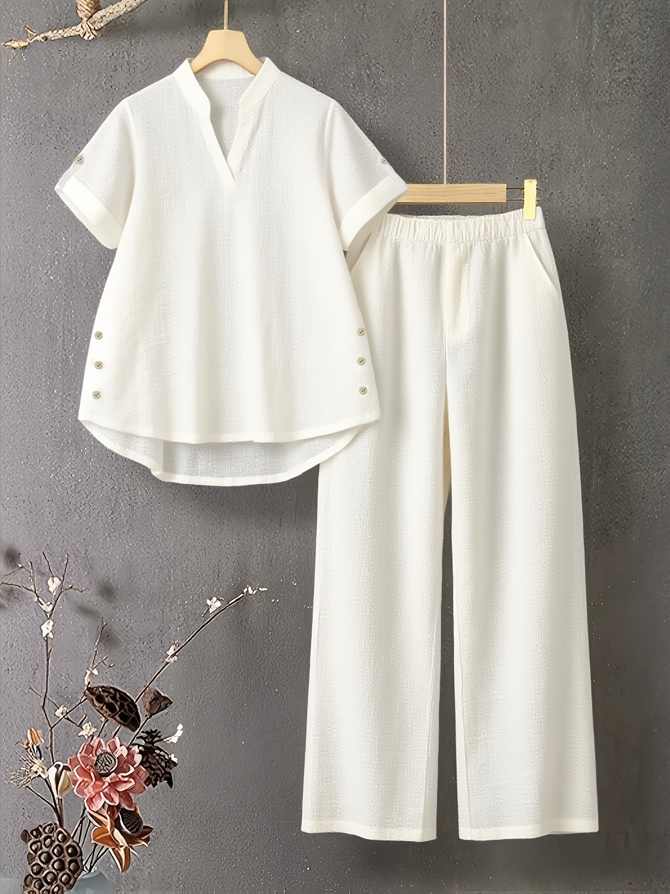   neck button detail short sleeve top with elastic waist and side slant pockets womens set