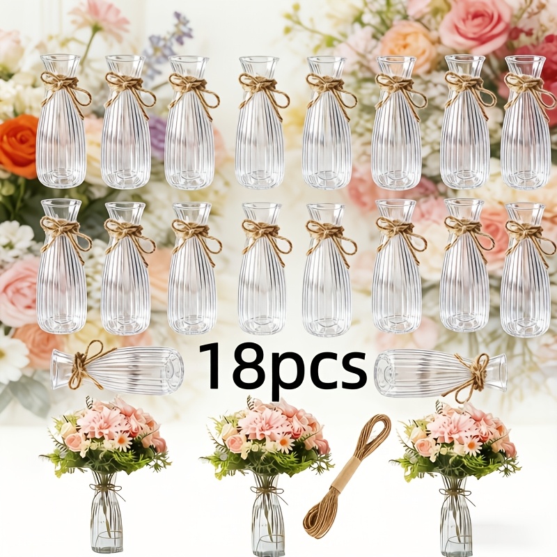 Image of 18pcs Striped Plastic Vases With Hemp Rope Decoration, Suitable For Home, Windowsill, Weddings, Dinner Parties, Tabletop Floral Arrangements, Mother's Day, Valentine's Day, Christmas Gifts