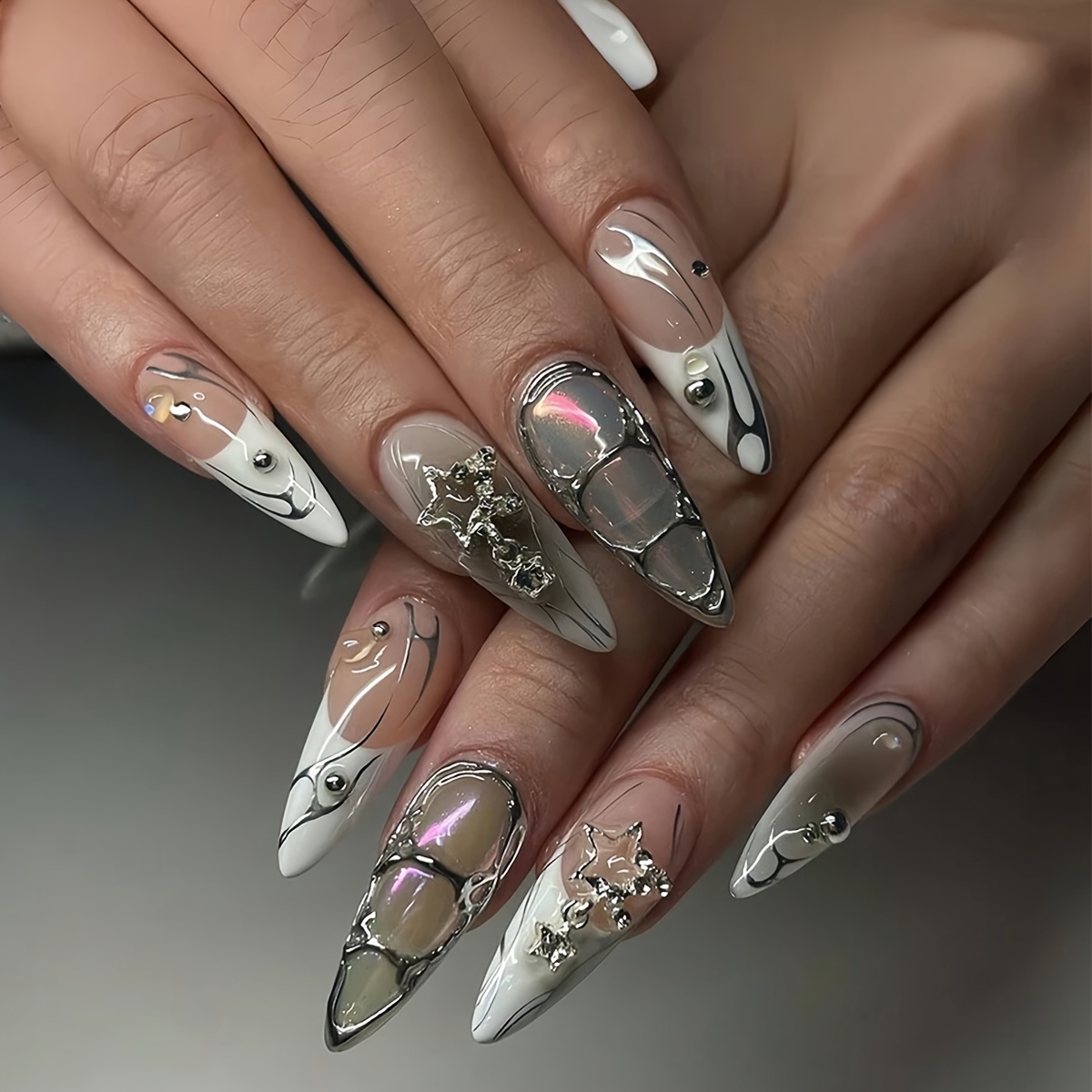 

24 Pieces Almond Press On Nails Faux Pearl Metallic Ballet Fake Nails Silver Halo Dark Style Irregular Stripes Almond Nails With Jelly Gel 1 Piece Rubbing Strip 1pc