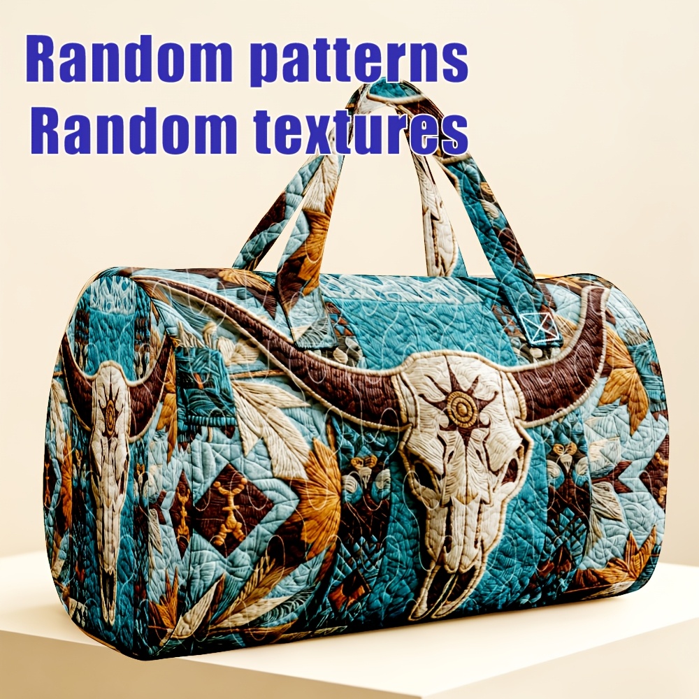 TEMU 1 pièce Sac fourre-tout matelassé tribal du pour femme avec imprimé de longhorn, plume et érable, vert rond, fermeture à glissière et lavable en