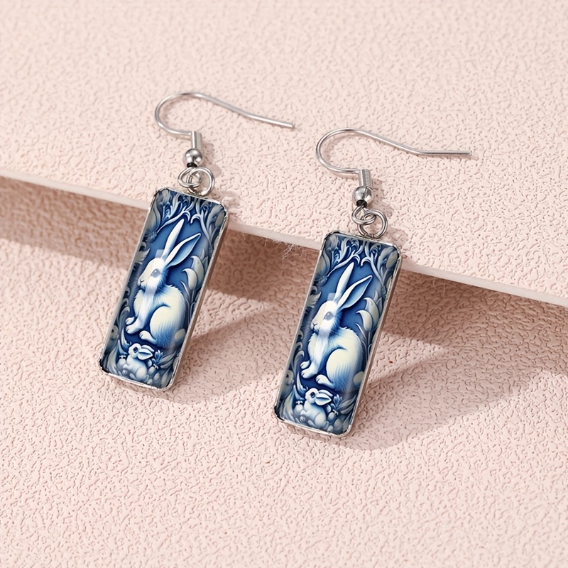 TEMU 1pair Blue And White Floral Rabbit Dangle Earring Glass Dome Jewelry Rectangular Earrings