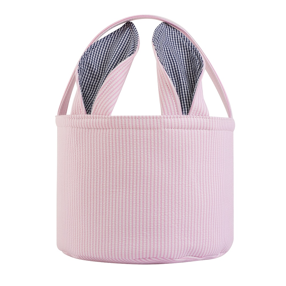 TEMU Easter Bunny Storage Basket With Pink Ears & Striped Design - Bucket For Room, Organization, Easter Egg Hunt Accessory ()