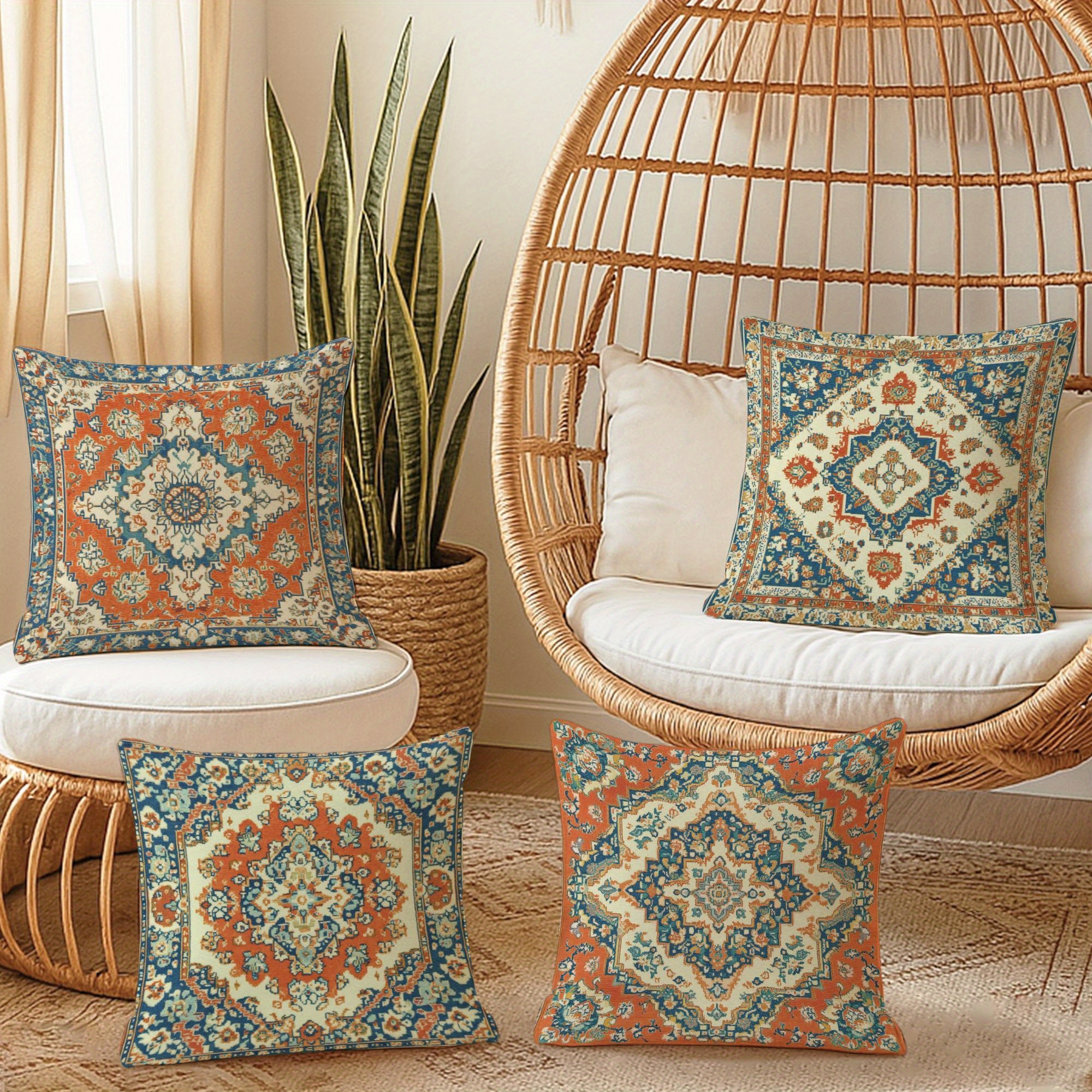 4pcs polyester throw pillow cover retro ethnic geometric pattern blue red orange soft decorative cushion cover with zipper closure for living room bedroom sofa decoration ethnic   double sided printing polyester without pillow core Product details 2