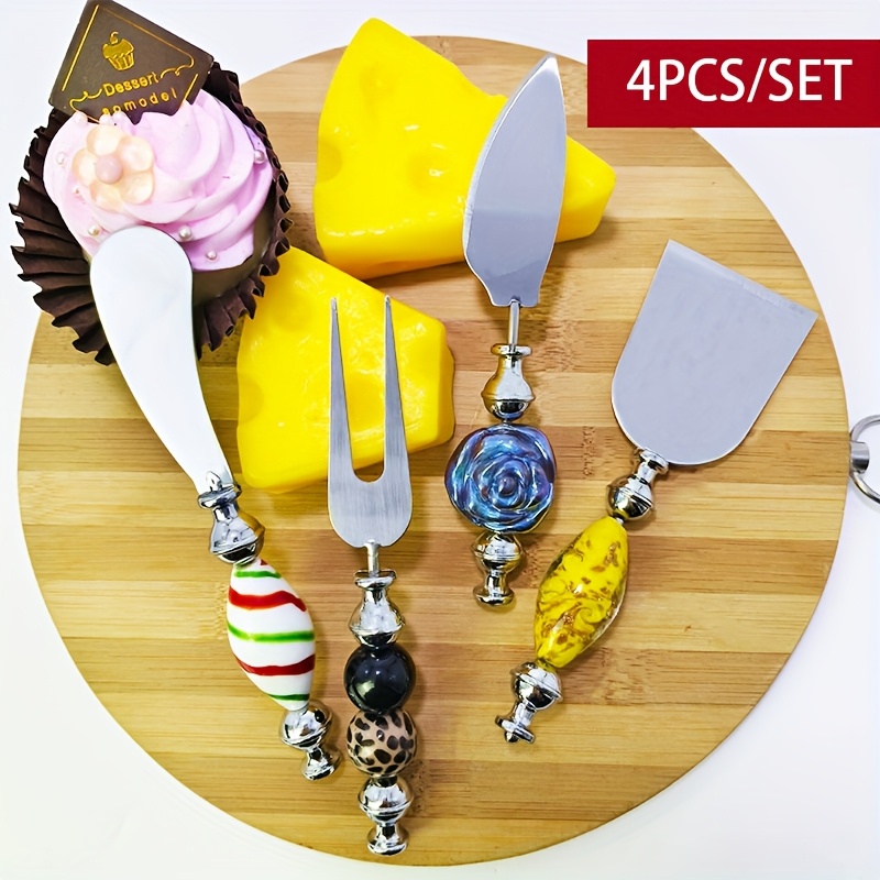 

4pcs/set Stainless Steel Cheese Serving Utensils, With Creative Beaded Diy Handles, Kitchen Tools For Pizza, Cake, Appetizers, Buffet, Party, Birthday, Wedding, Eid Home Gift