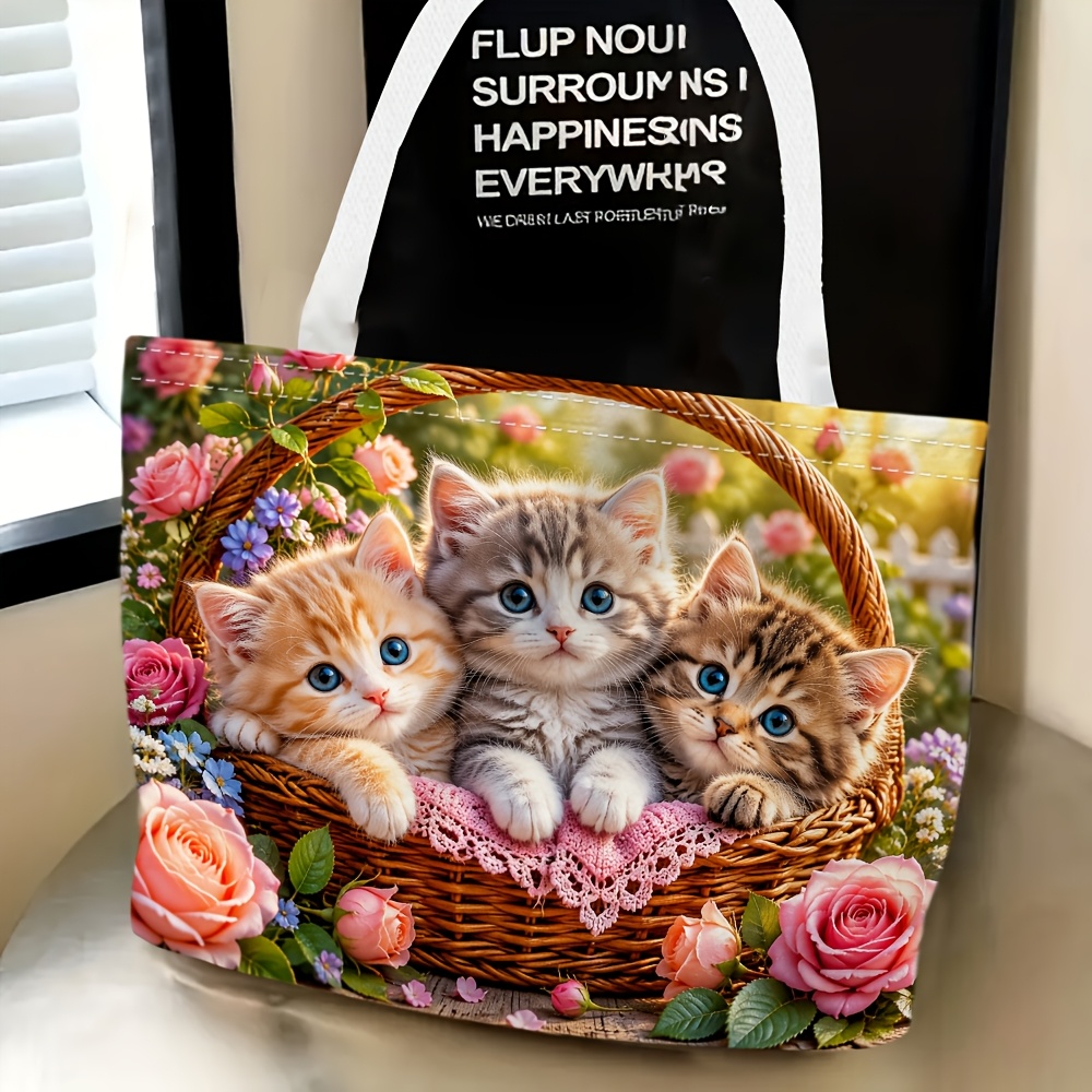 TEMU 1pc, 3 Little Kittens Basket Flowers Theme Women's Shoulder Bag, Multifunctional, Handbag, Clutch, Evening Bag, Travel Essentials, Fine , Daily