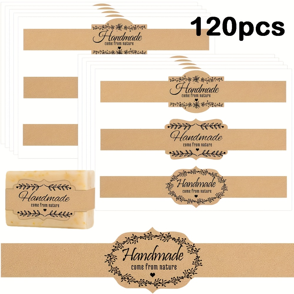 Temu 120Pcs Brown Paper Soap Labels - Handmade "Handmade" Label Stickers With Decorative Wreath Design, For Homemade Soap Packaging, Single-Use-image