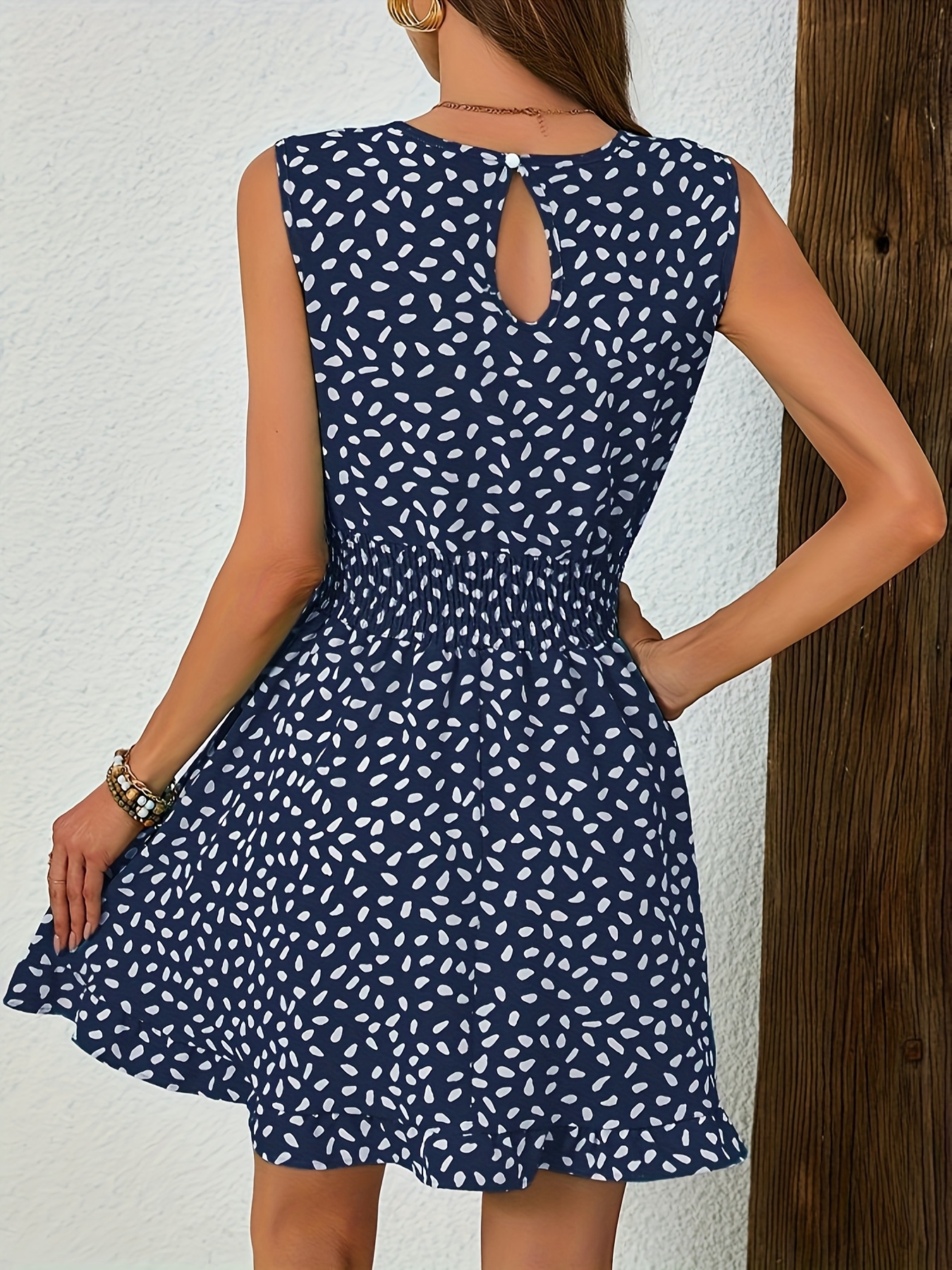 elegant polka dot print sleeveless dress button detail crew