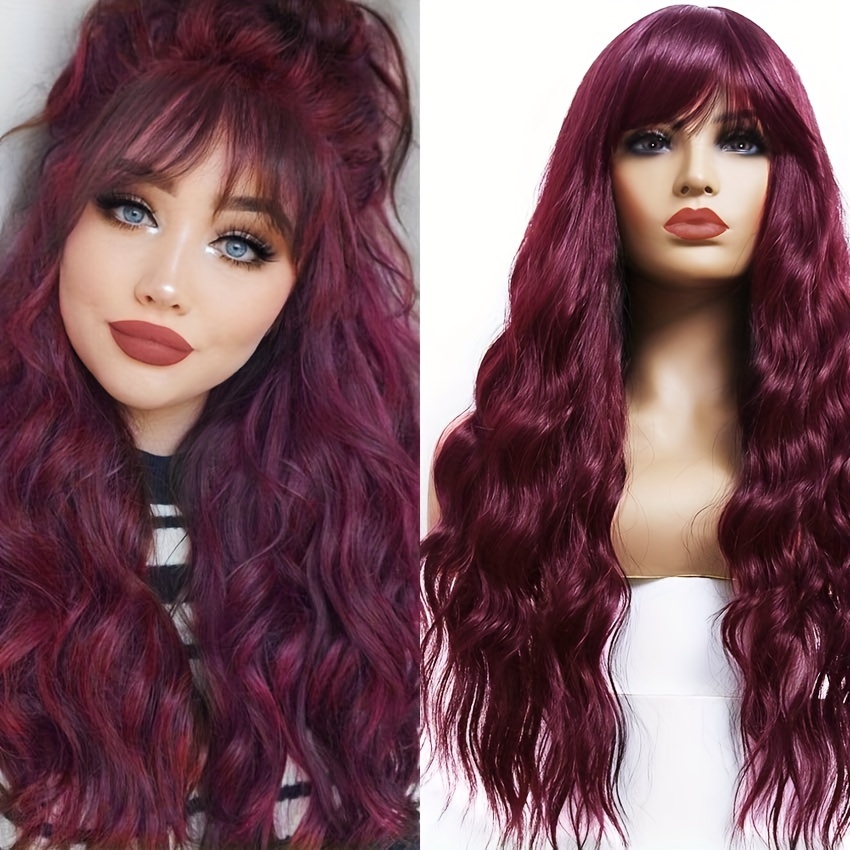 TEMU Burgundy Wine Red Color Wig With Bangs Wavy Long Loose Curly Wave Synthetic Heat Resistant Fiber Black Ombre Burgundy Hair Wig For Women 24 Inch