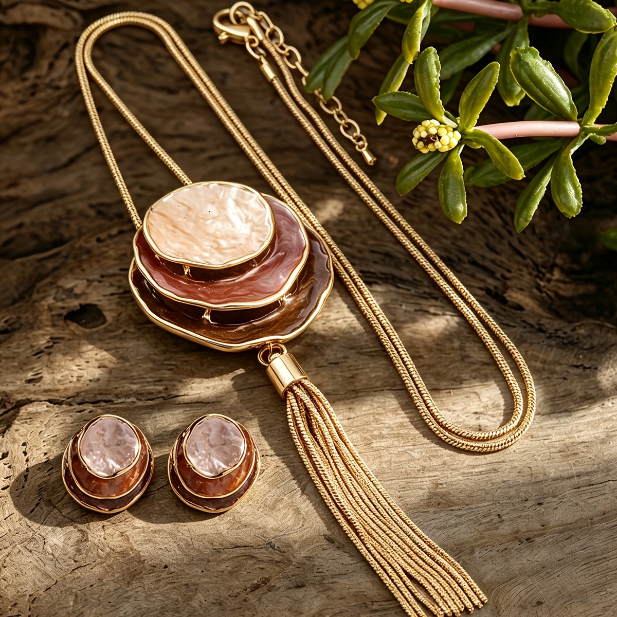TEMU Parure de bijoux géométriques en émail style bohème pour femme, accessoires tendance, nouveau collier et boucles d'oreilles ronds dorés, pour ,