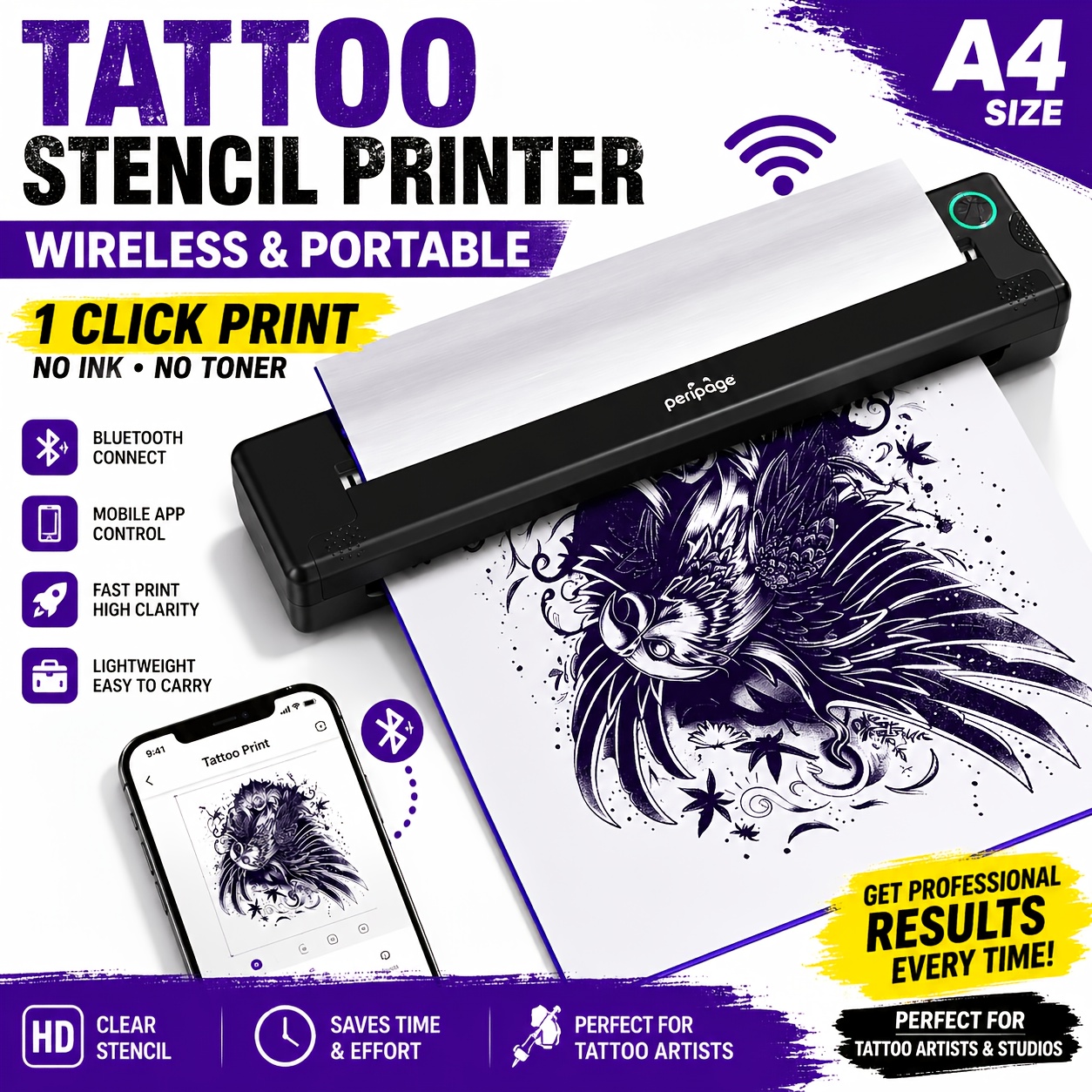 TEMU Peripage P90 Tattoo Stencil Printer Tattoo Printer Thermal Printer For Tattoo, Mini Portable Printer, Compatible With Smartphone And Pc, Ios,
