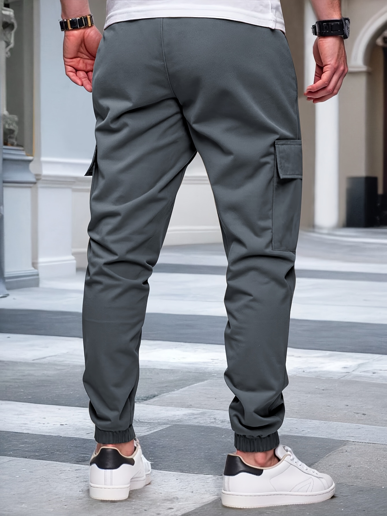 mens casual solid color cargo pants with elastic waist and side pockets comfortable for outdoor activities regular fit details 8