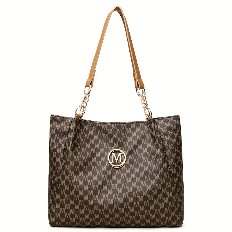 womens vintage tote bag lightweight large capacity convertible shoulder bag clutch synthetic leather with zipper closure hardware decorative m emblem for daily shopping brown white black travel bag details 8