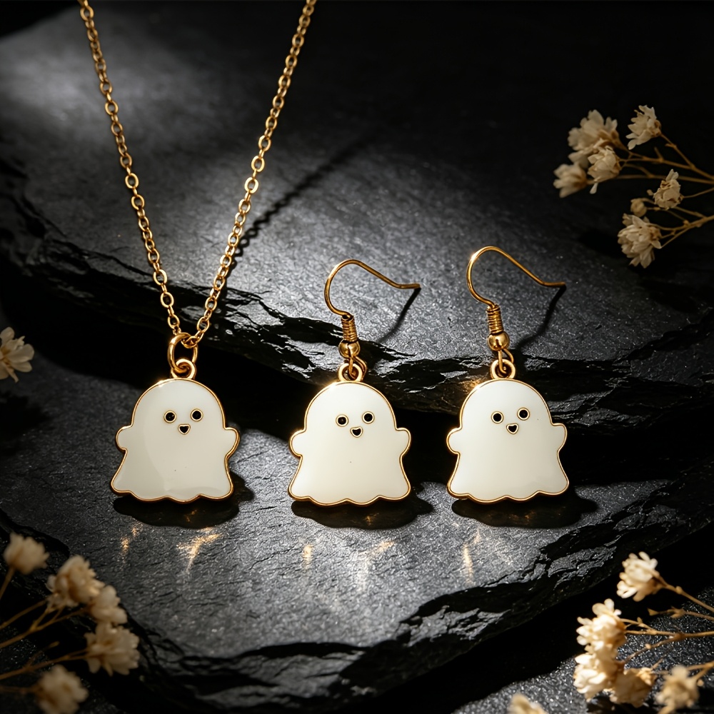 TEMU Parure de Bijoux Mignonne en Résine Blanche pour Halloween, Collier de Dessin Animé et Manchette d'Oreille Lot de 2 pièces, Accessoires