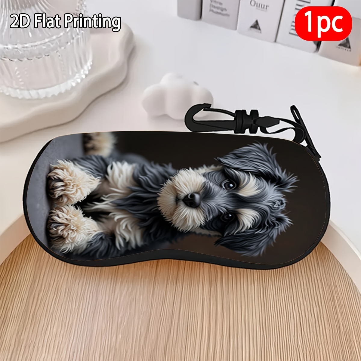 TEMU 2d Flat, 1pc, Black And , Patterned Decorative Glasses Case, Reusable, With Hook, For Enthusiasts, Suitable For All Types And Sizes Of Glasses,
