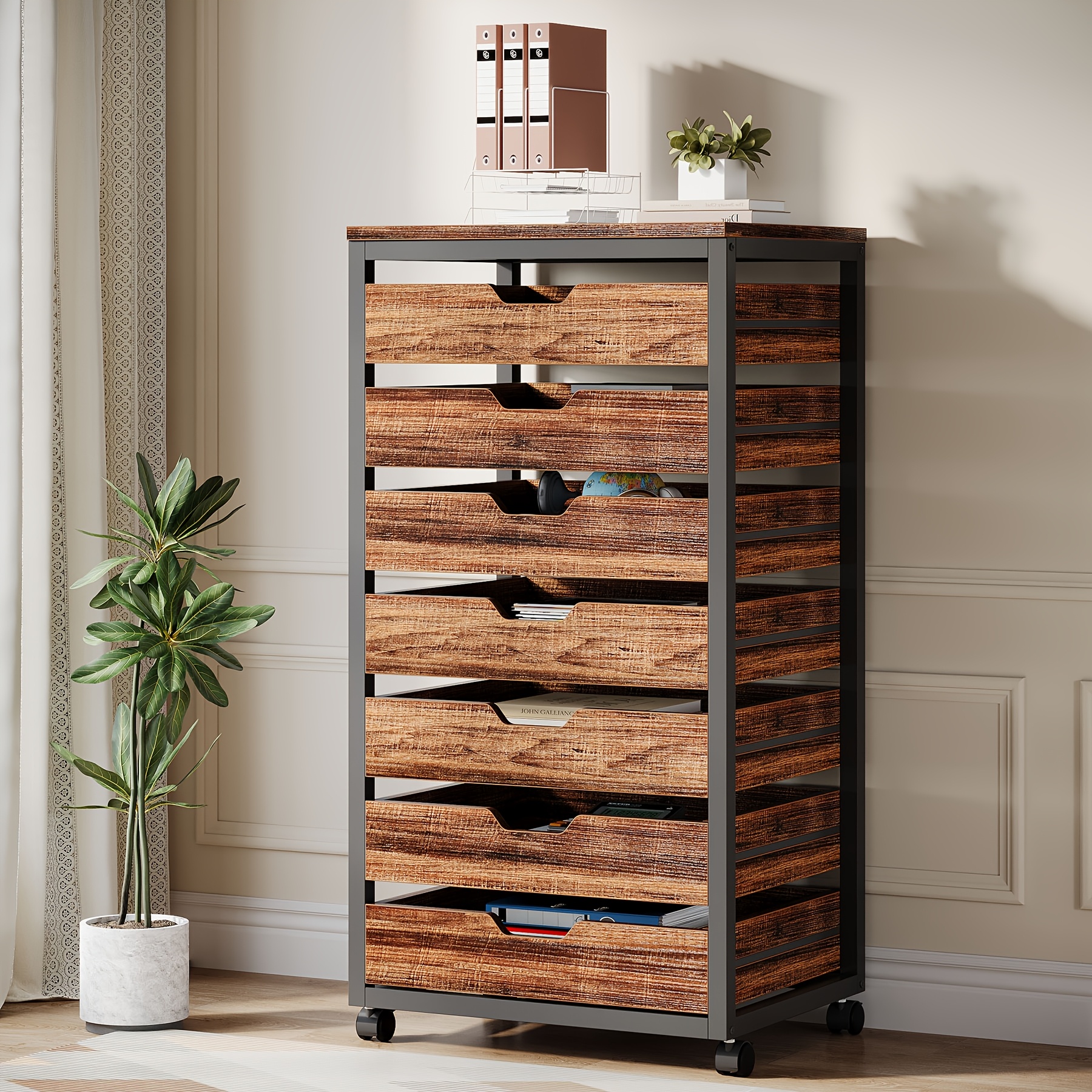 TEMU 7-drawer File Cabinet, Wood Mobile Storage Drawer Unit, Cabinet With Drawers & Wheels, Rolling Printer Stand For Home Office