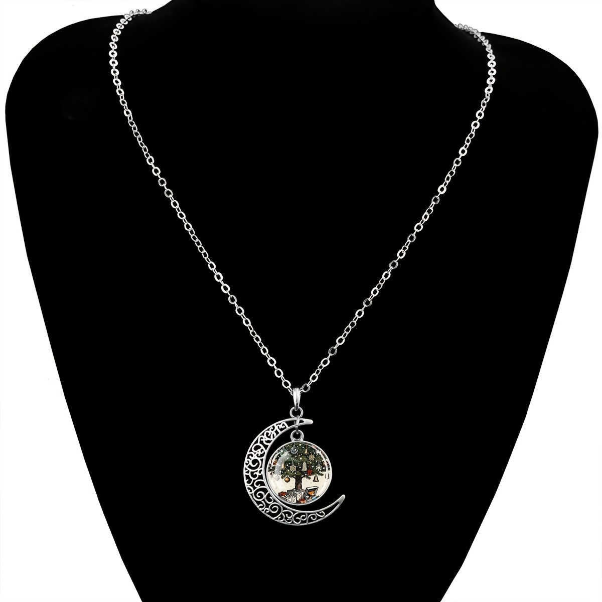 Christmas Tree Scene Crescent Moon Necklace