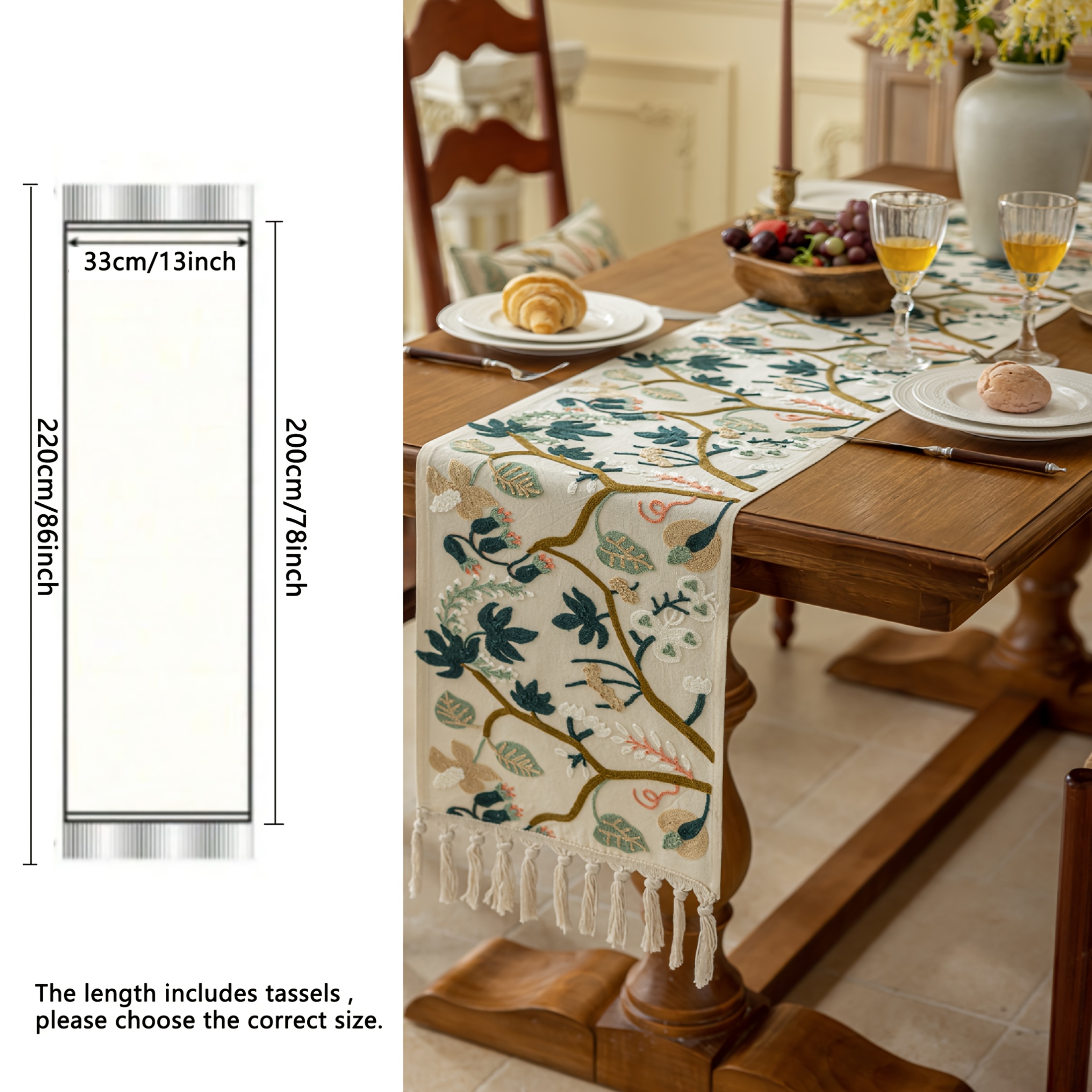 TEMU de mesa de 1 pieza estilo granja bordado y borlas - Rectangular, para uso común, tela duradera para de mesa de comedor, decoración rústica para