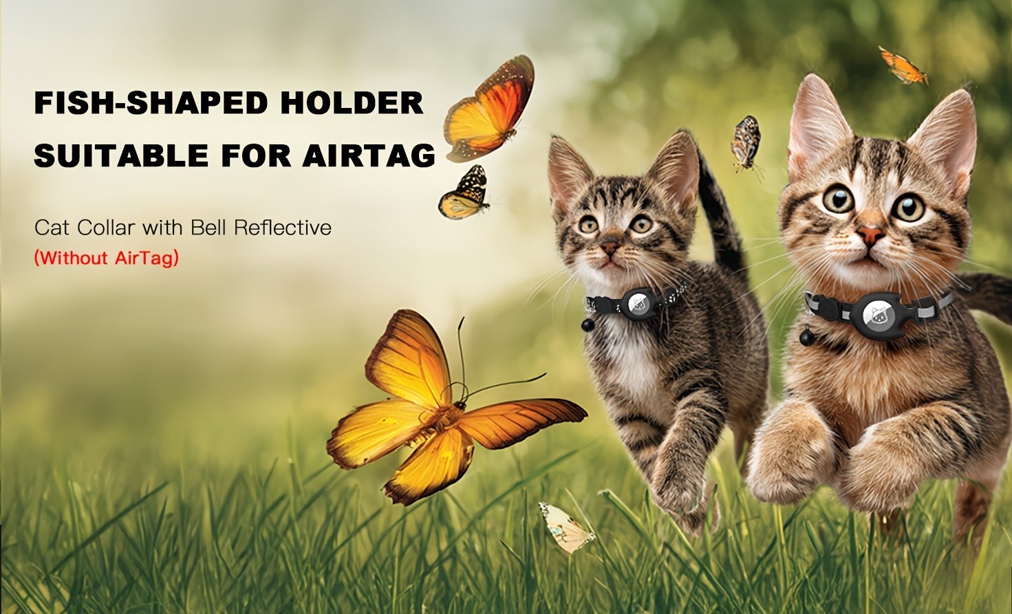 2pcs Cute Cat Collars, Fish-Shaped Holder Suitable for Airtag, Reflective, Breakaway, with Bell, Adjustable 17.78-30.48 cm, Safety Buckle, with Cat Collar Holder for Girl Boy Cats Pet Supplies, Gifts (Without Airtag), Without Battery