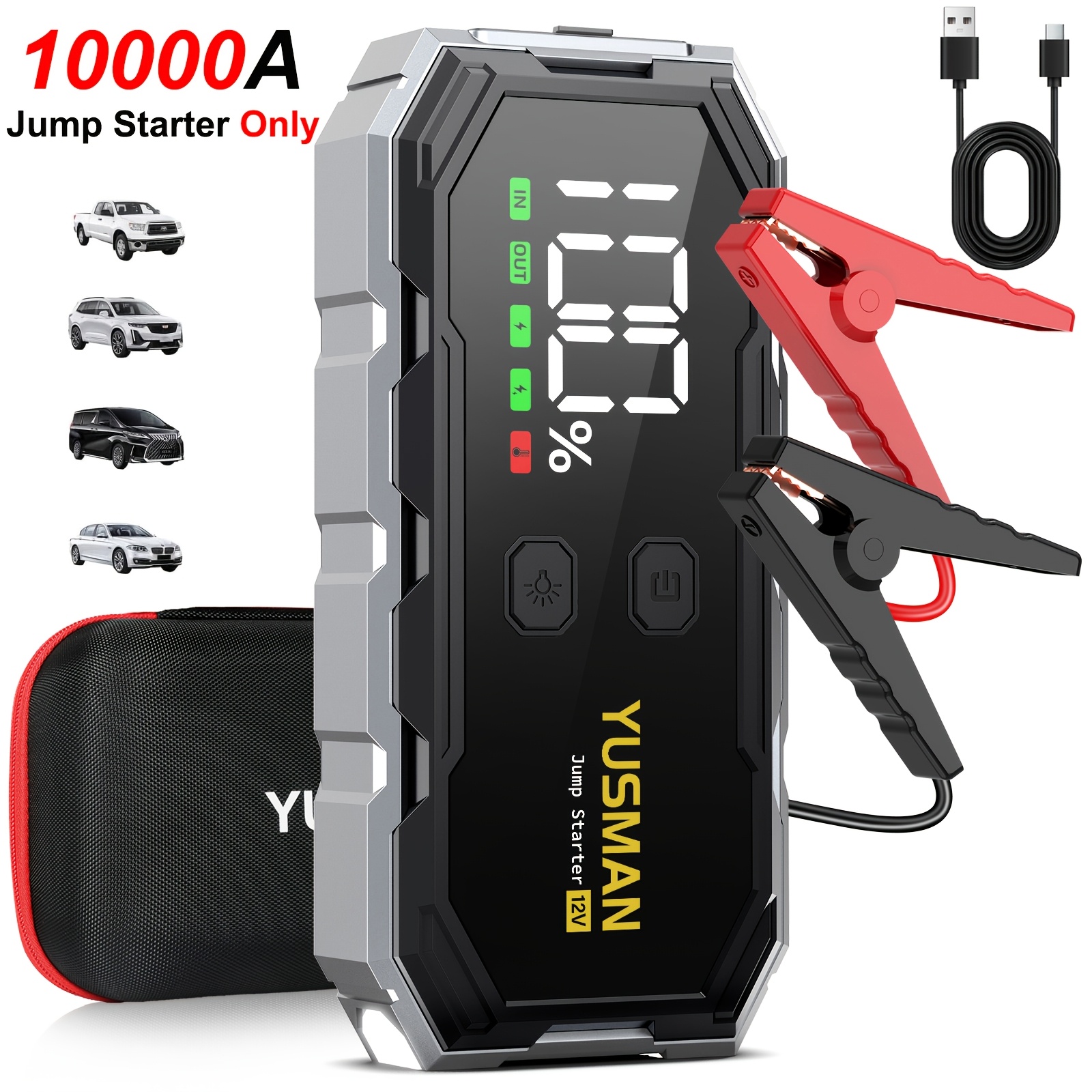 10000a Car Jump Starter For Up To All Gas Engines & 10.0l , 12v Portable Battery Booster Jump With Large Lcd Display, Led Emergency Light, Eva Storage Case