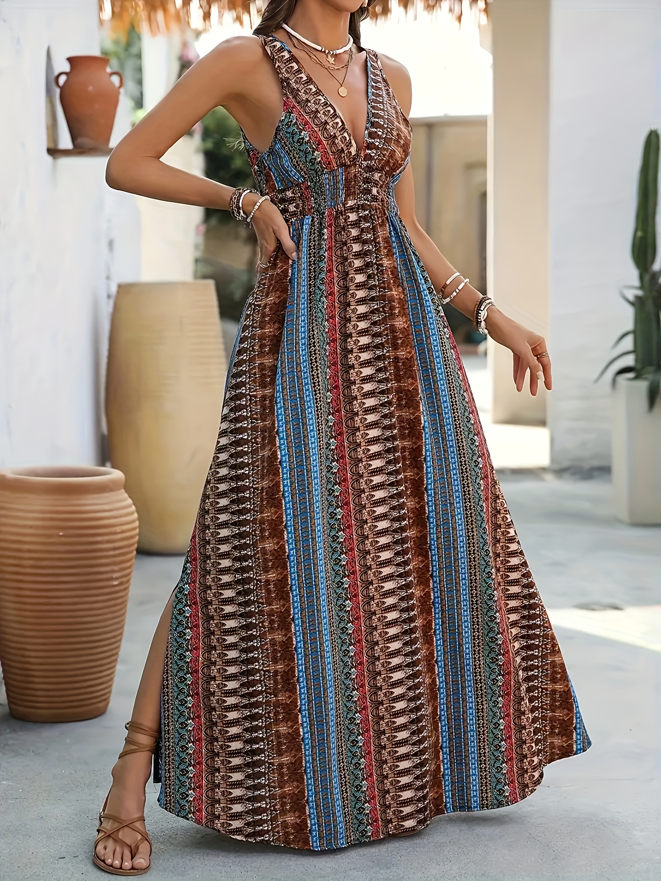 plus size bohemian sleeveless deep v neck backless maxi