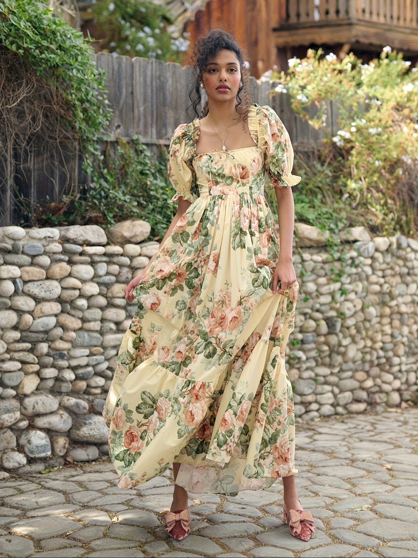 womens vintage floral neck maxi dress flowy - Temu United Arab Emirates