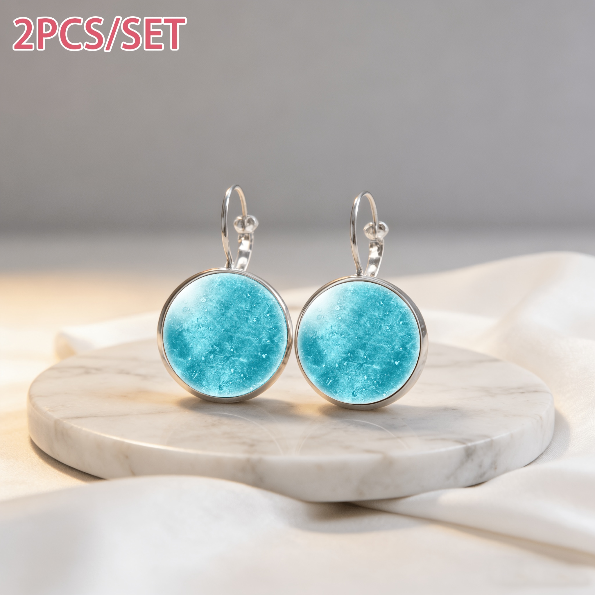 2pc White Teal Circular Pendant Earrings Set
