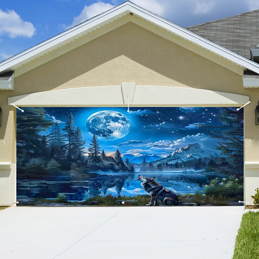 2D Flat - 1pc Wolf by Moon Lake Decorative Garage Door Cover - 2D Flat Printing, Polyester Outdoor Banner, Easy to Hang, Versatile for Any Festive or Themed Event, Festive Decoration|Majestic Landscape Decor|Durable Outdoor Fabric