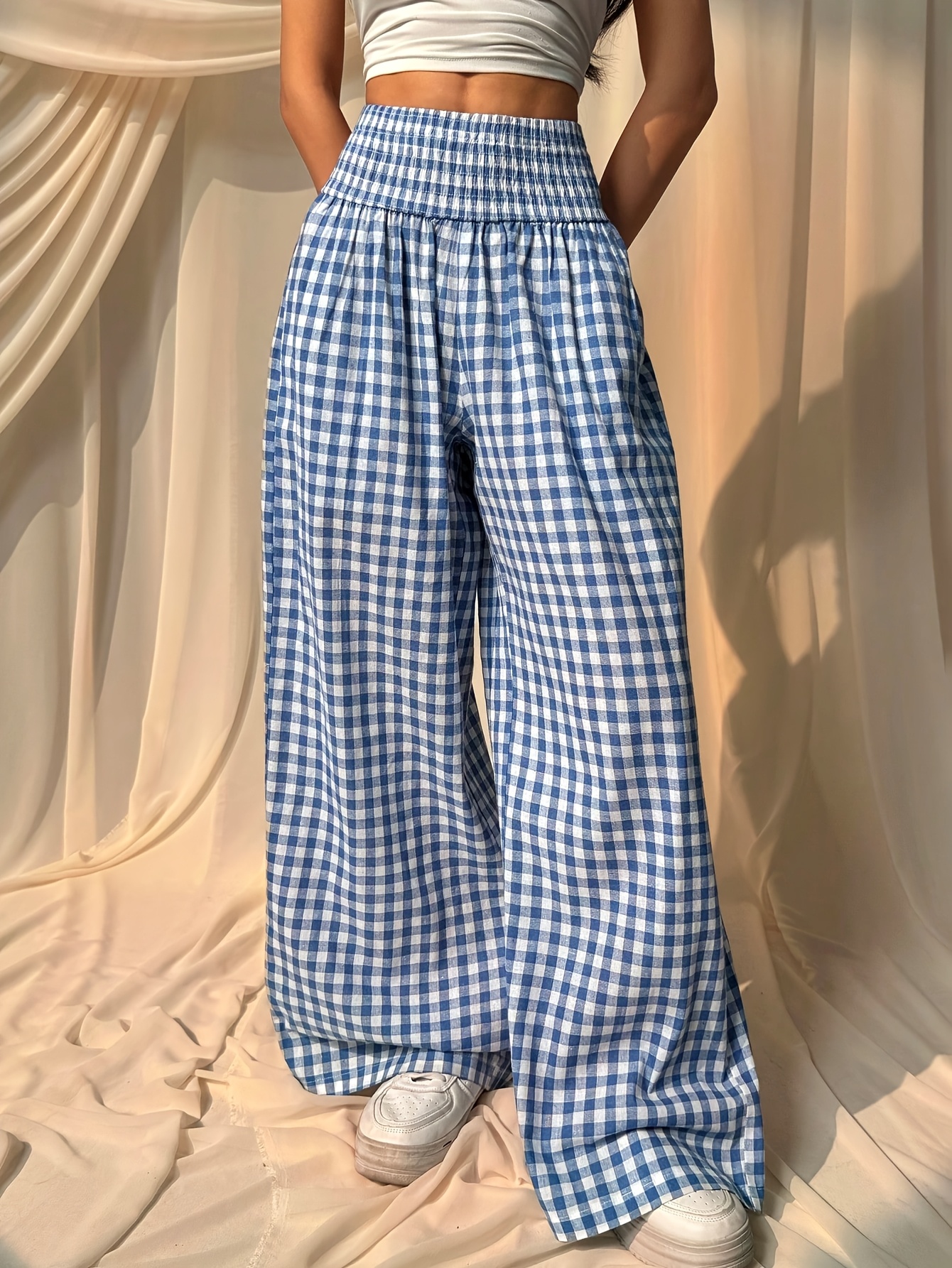 womens high waisted checkered pants blue white gingham print Temu