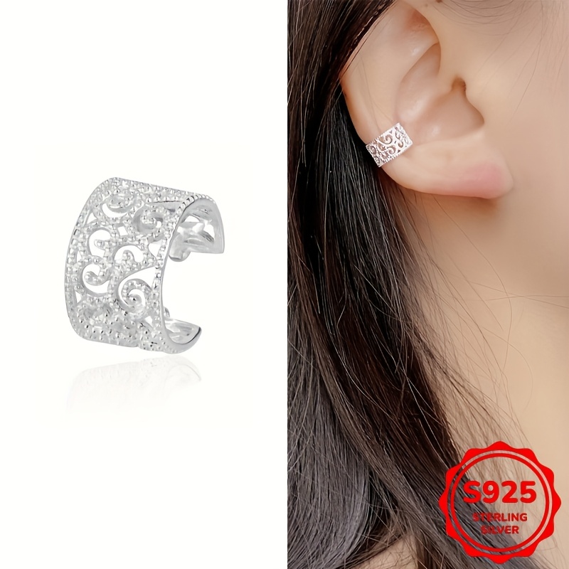 

New Chinese Style Tang Grass Pattern Ear Clip S925 Pure Silvery Temperament Hollow Flower Ballet Style Ear Bone Clip No Piercing Net Weight: 0.56g