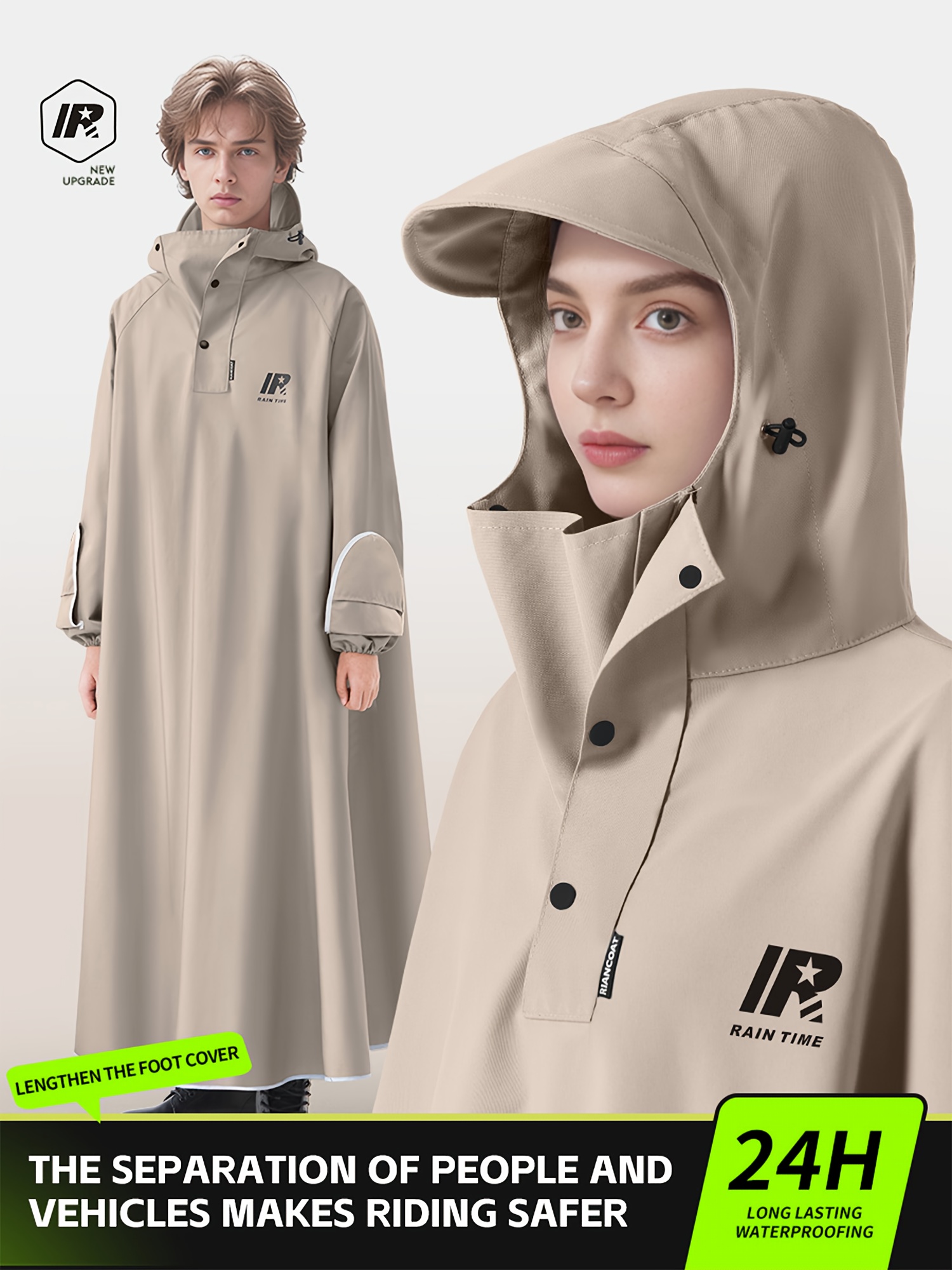 unisex waterproof raincoat with sleeves long waterproof windproof and reflective rain poncho for adults khaki full body coverage ideal for motorcycle riding outdoor activities and everyday use waterproof poncho