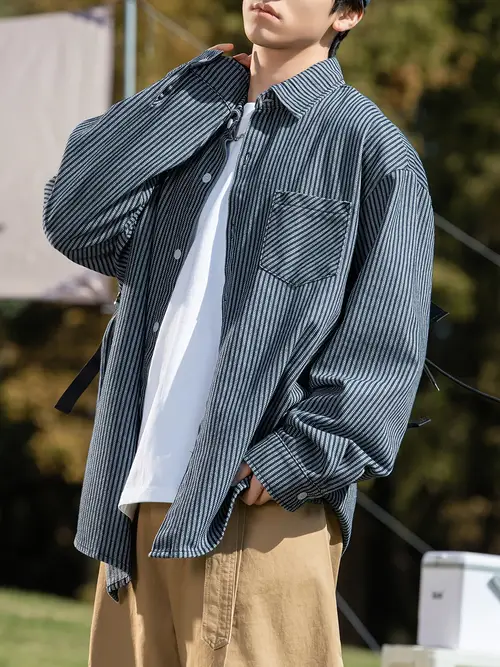 남성용 빈티지 일본 스타일 블루 데님 긴팔 셔츠, 캐주얼 봄/가을 레이온 혼방 재킷 포켓 포함