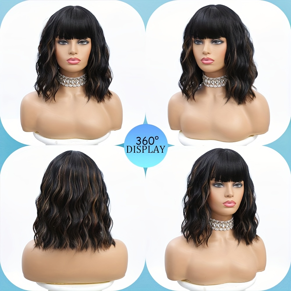 short wigs bangs 14 inch wavy curly bob wig - Temu display picture 1