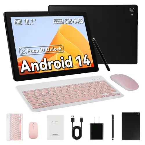 2 in 1 touchscreen tablet with wireless keyboard android 14 inch screen 8gb 3 5 64gb rom expandable up to 1tb wifi 6 5mp 8mp camera 1280 800 hd 5000 mah with wireless keyboard mouse stylus stylus without electricity computer bag