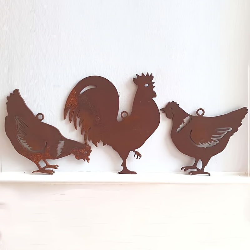 TEMU 3 pièces Ornements Vintage de Poule - Décoration de Noël en Métal Marron Rustique avec Coq, Poule et - Alimentation, avec Boucle de Suspension -