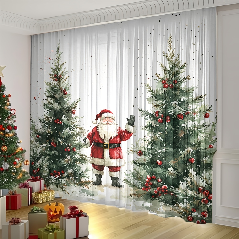 TEMU 2d Flat - 2d Flat - [2d Printing] 2pcs Christmas Santa Claus Christmas Trees Red Baubles Snow Covered Branches Snowflakes Curtains Watercolor