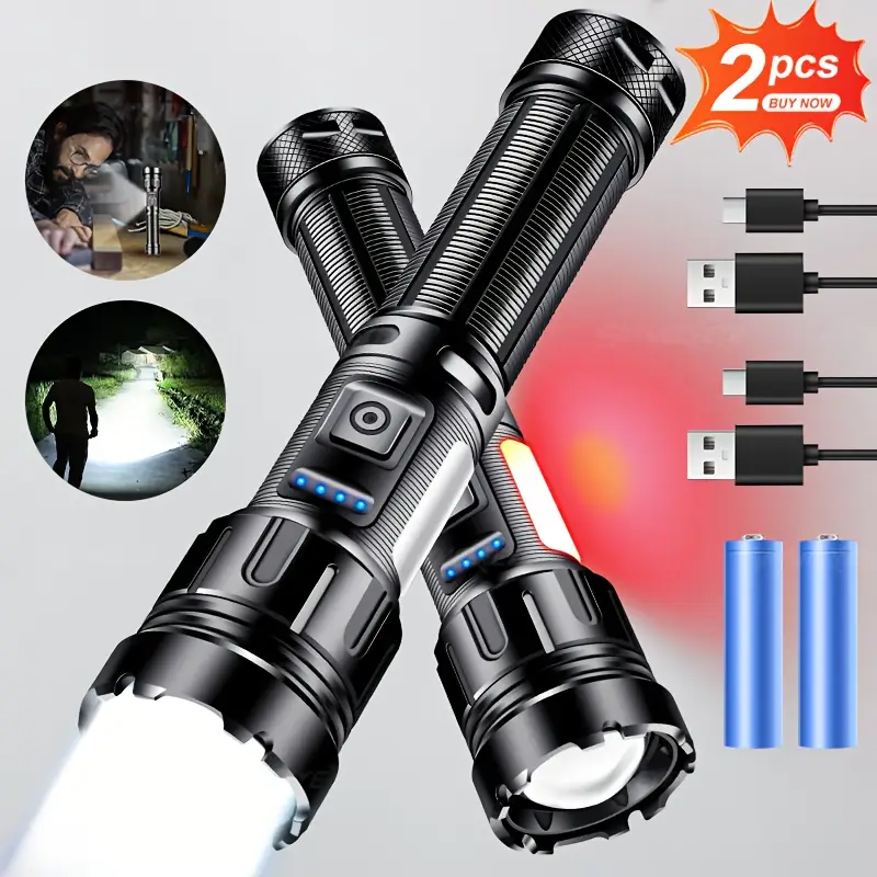 2pcs Rechargeable LED Aluminum Flashlights High * High * * Flashlights With 7 * Powerful Flash Light Multifunctional Flashlights For * Hiking (* 1*18650-2600mAh Battery) 2pcs Rechargeable LED Aluminum Flashlights High * High * * Flashlights With 7 * Powerful Flash Light Multifunctional Flashlights For * Hiking (* 1*18650-2600mAh Battery)