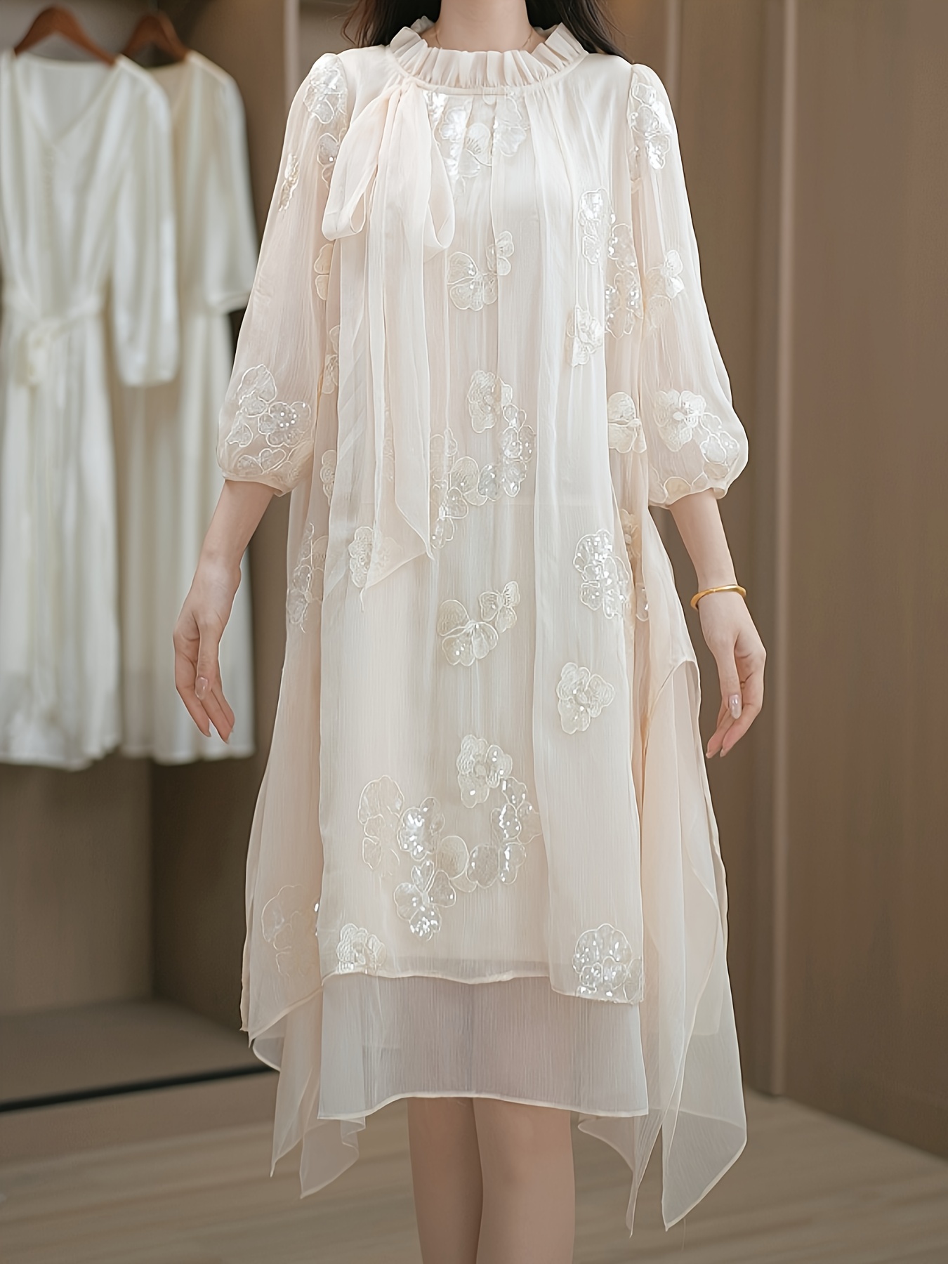 Gentle and Elegant Light Beige Sequin Floral Embroidered Dress, Delicate  Ruffle Round Neck Three-Quarter Sleeve Puff Sleeve Long Dress, Ribbon  Design, Light and Flowy Layered Chiffon Skirt, ...