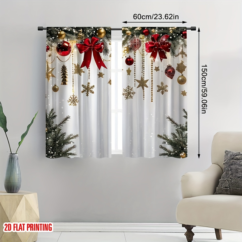 TEMU 2d Flat - 2d Flat - Two-dimensional Printed Curtains Featuring A Festive Merry Christmas Design With A Red Bow, Made From Durable 100% Polyester