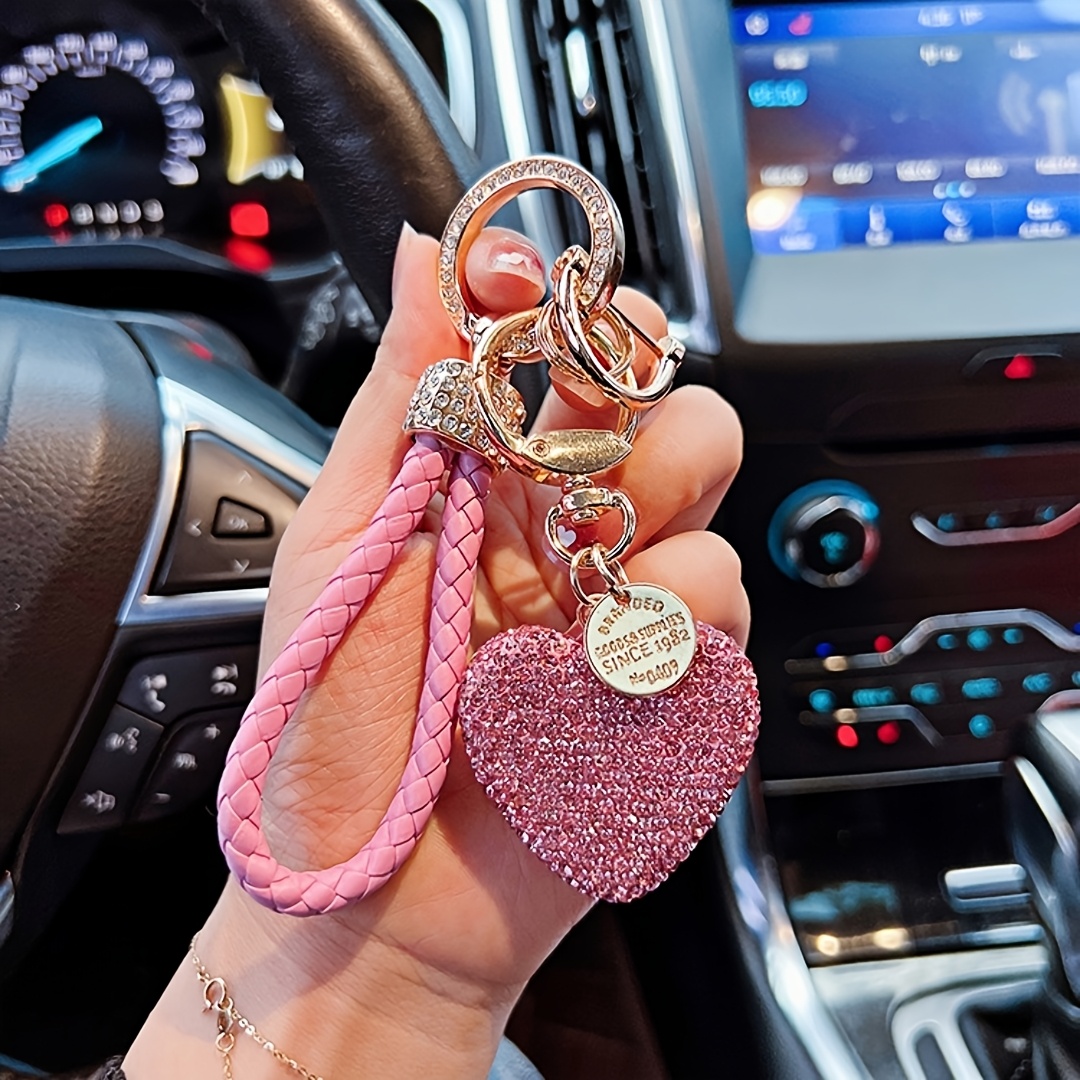 TEMU Porte-clés de voiture 1 pièce de cœur entièrement en strass avec lanière tressée, porte-clés en strass, pour la fête des Mères