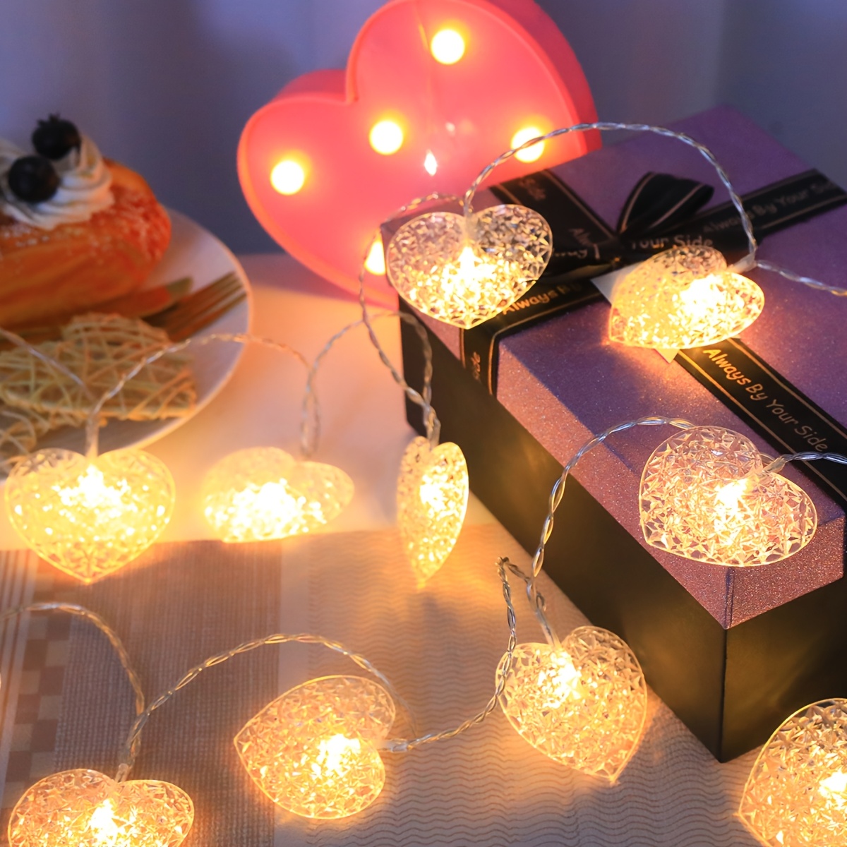 TEMU 1pc Led Transparent Shiny Love Heart String Lights, 10 Lights / 20 Lights, Battery (batteries Not Included), Suitable For Valentine's Day,