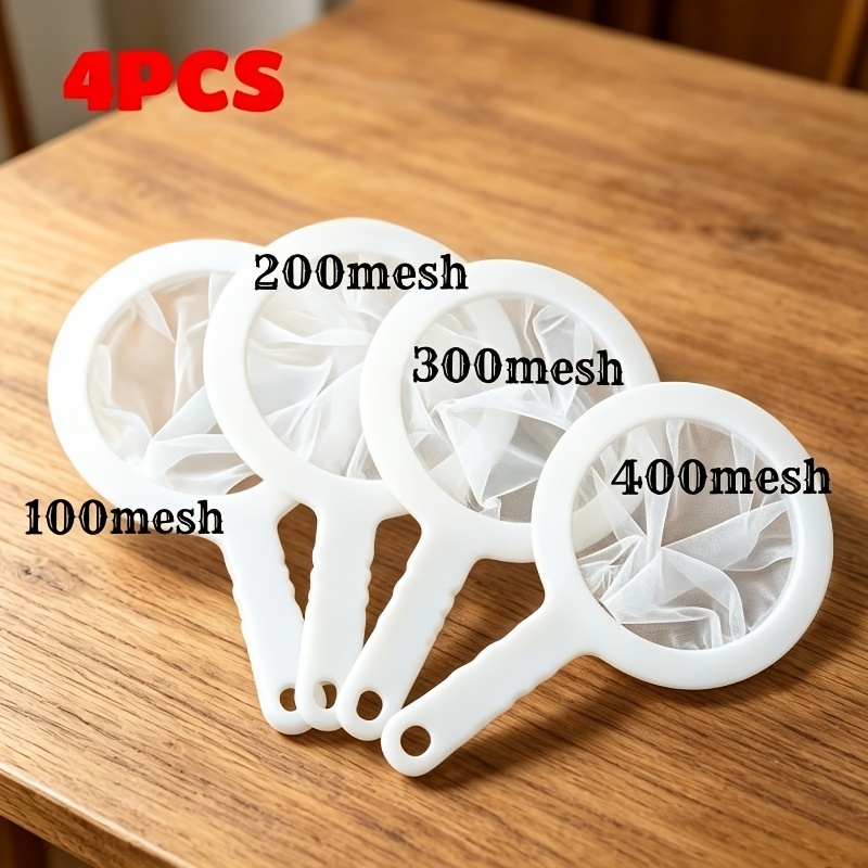 TEMU 4pcs/set 100/200/300/400 Mesh Fine Mesh Filter, Suitable For Home Brewing, Sieve Filter For Wine, Tea, Soy Milk, Baking, Kitchen Strainer, Fine