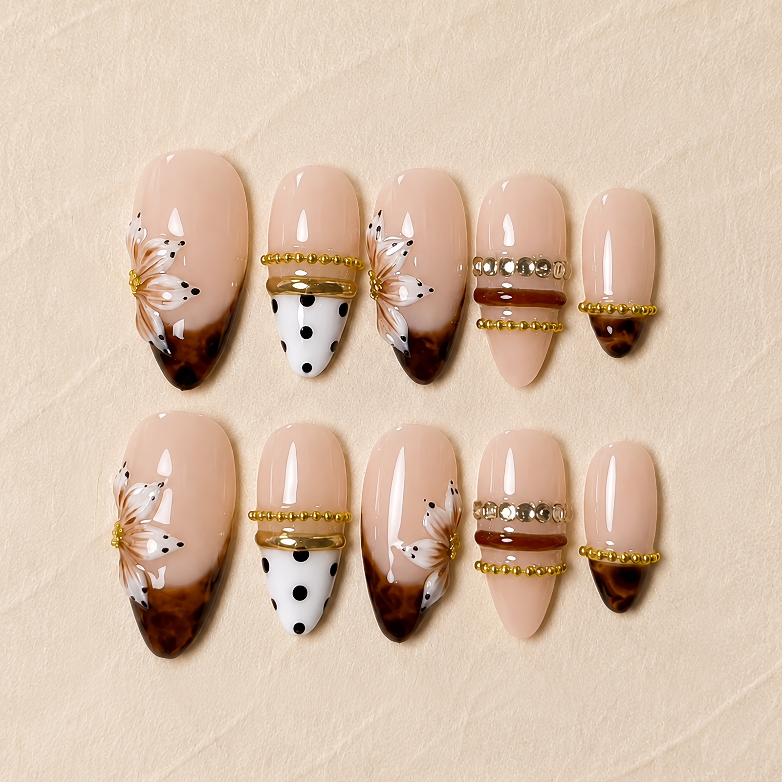 TEMU Lot de 10 faux ongles de luxe en acrylique chromé doré, , à presser, surface moyenne, pointes brunes brillantes, design minimaliste, ongles en
