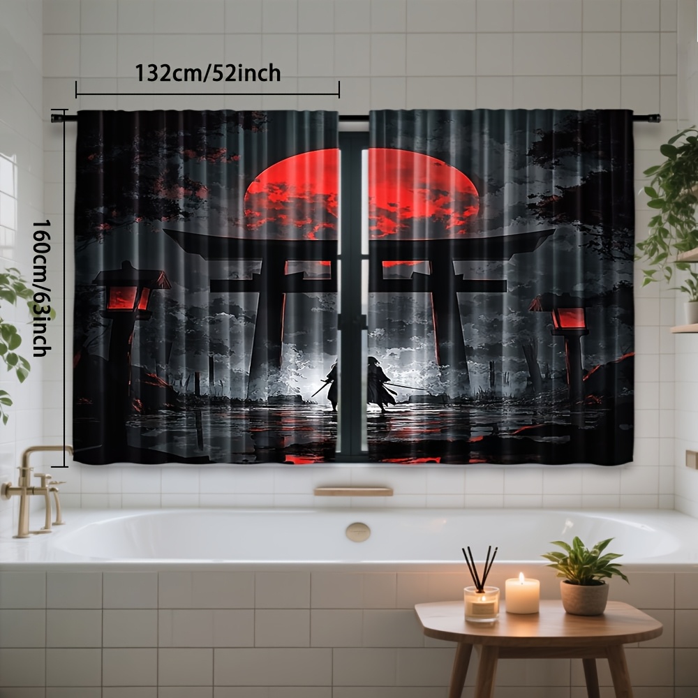TEMU 2pcs, Anime Girl Red Moon Torii Gate Print Curtains Polyester Rod Light Filtering For Bedroom Living Room Office, Ideal For And Festive