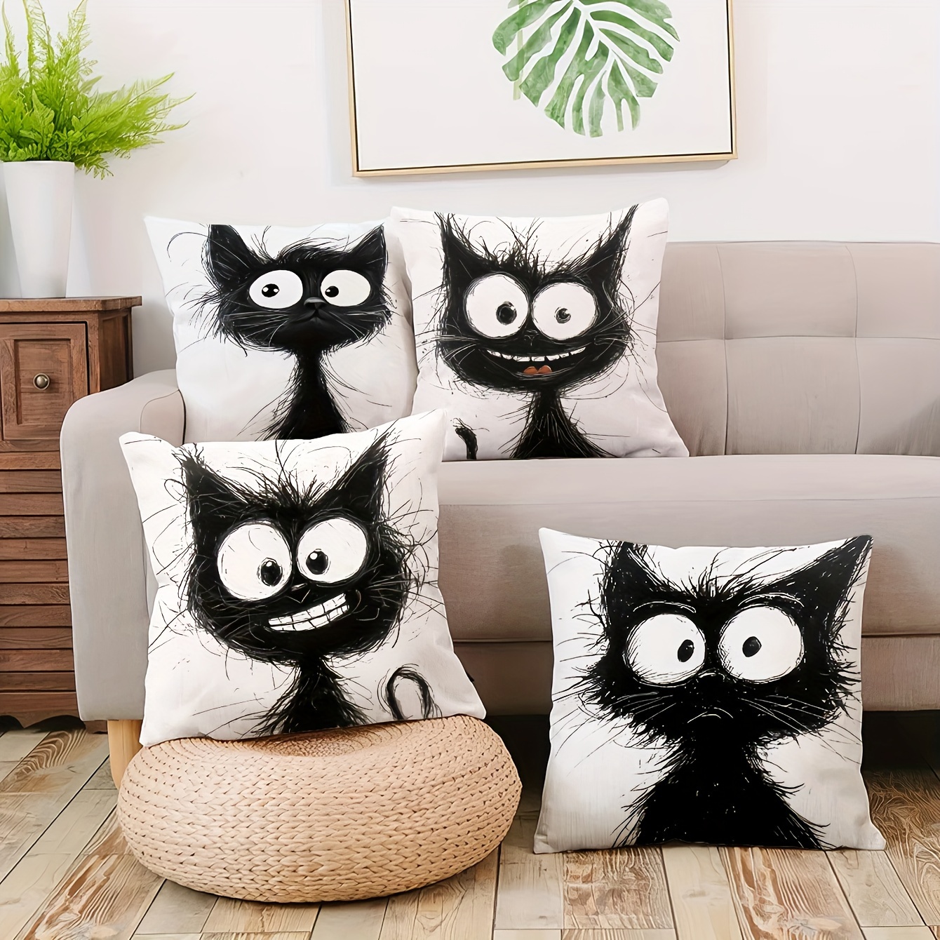 

Contemporary Black Kitten Throw Pillow Covers, 4-piece Set, 18x18 Inch, Machine Washable, Zipper Closure, Woven Polyester, Decorative Cushion Cases For Room Types