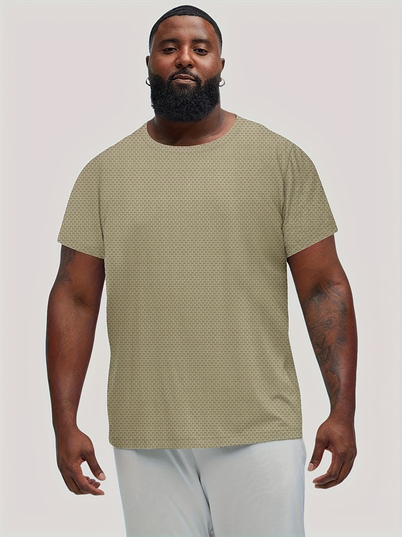 Plus Size Men's Casual Sport T-Shirt - Breathable Jacquard, Machine Washable, Regular Fit Round Neck for Spring Summer Fall Outdoor & Casual Attire, Casual Sportswear | Round Neck Top | Nontransparent Clothing, PLUS SIZE