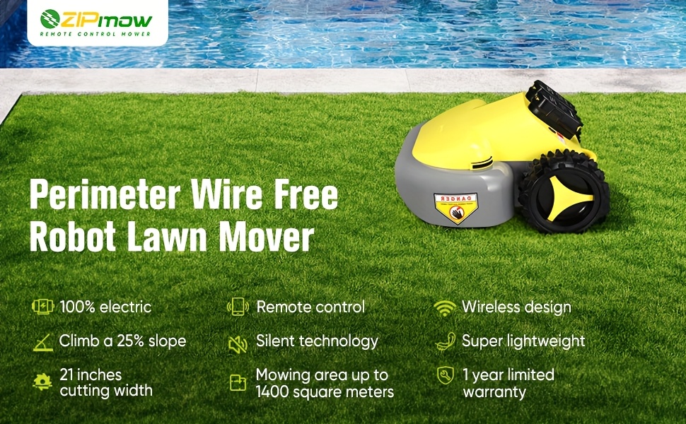 zipmow remote controlled smart self propelled cordless electric lawnmower features dual 18v batteries   inch cutting head 3 height adjustments 2 inches 3 inches to handle       minute   and is lightweight and portable Product details 4