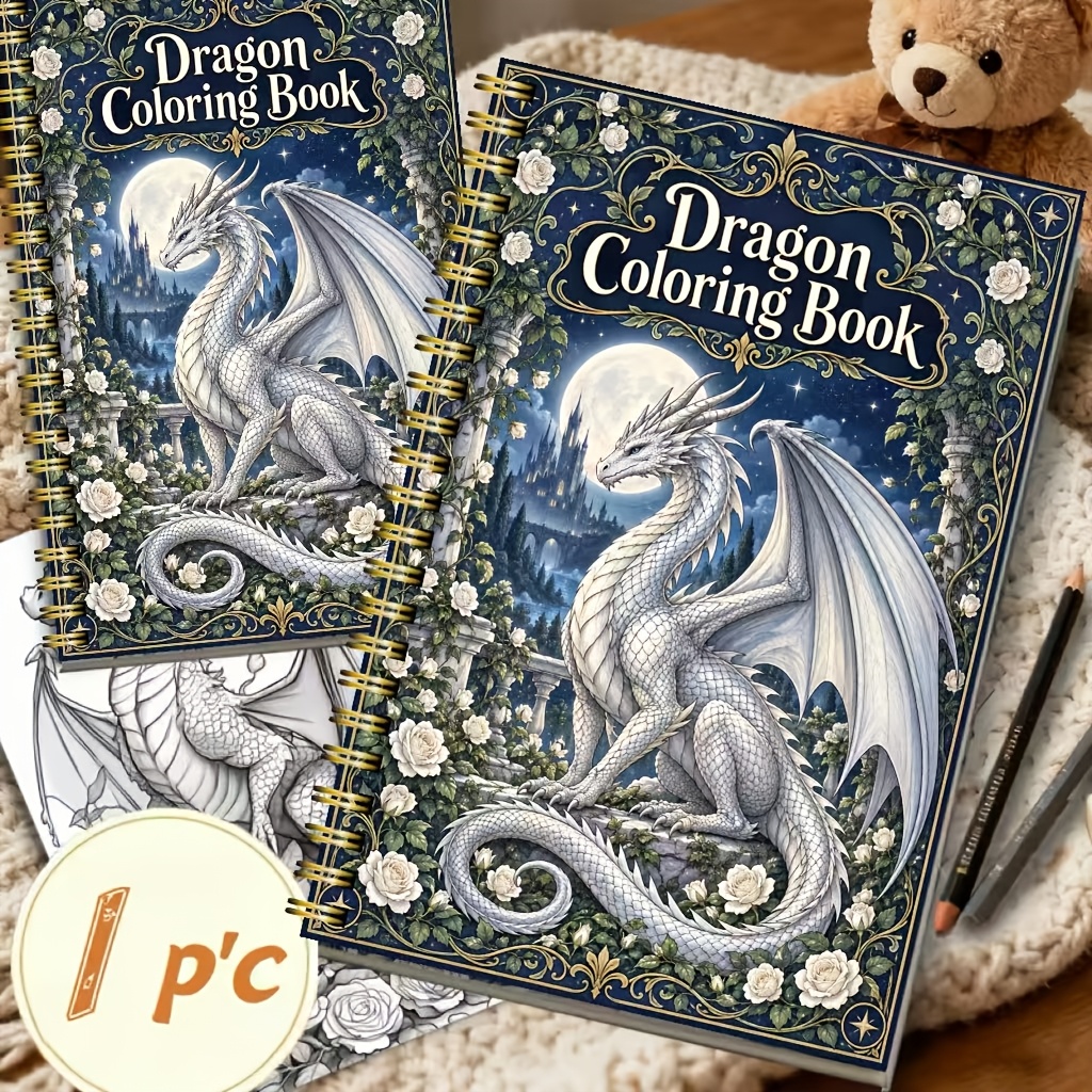 TEMU 1 Book Large-scale Magical Dragon Coloring Book Suitable For & - Thick Paper New Upgraded Edition With Thick Pages, Fantasy Dragon Illustrations